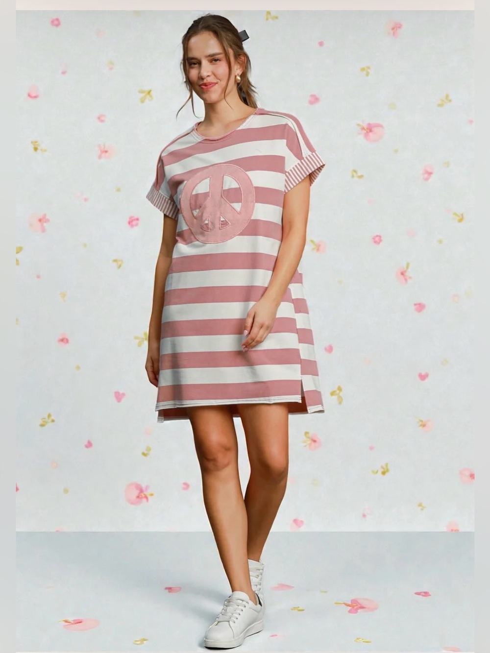 Dusty Pink Striped Peace Applique Short Sleeve Midi Dress Size Large New Tags